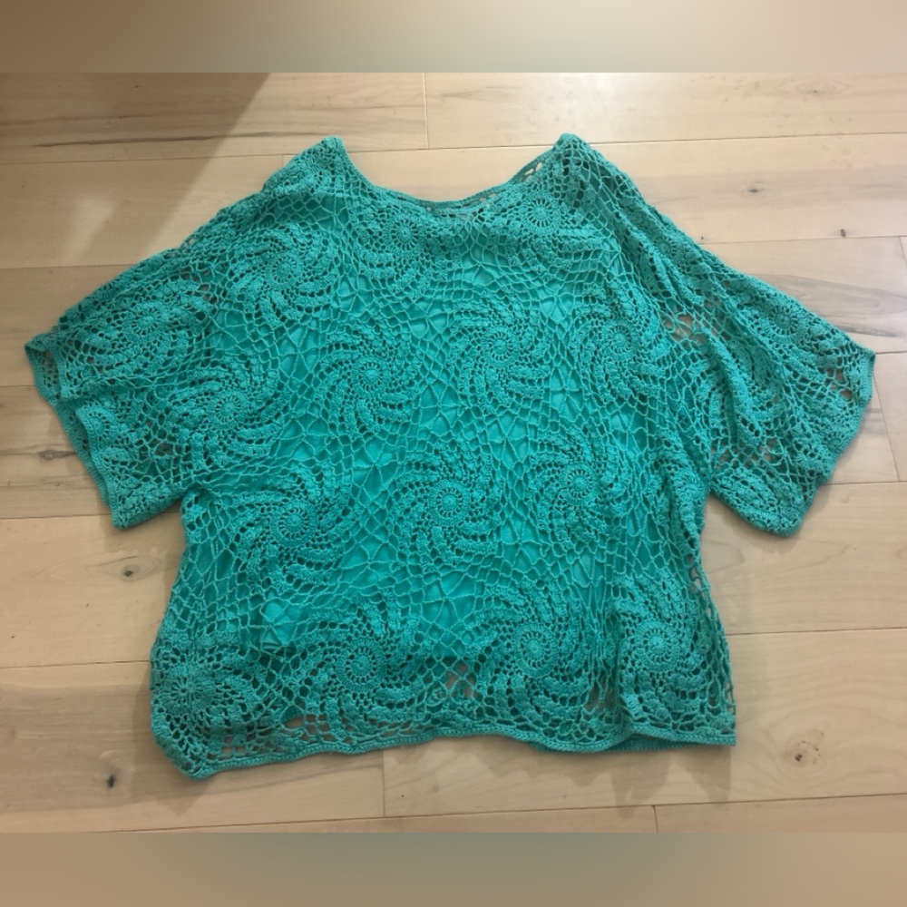 Roaman's 3X Relaxed Pullover Crochet Top And Tank Minty Teal Medallion Cotton - Picture 2 of 10